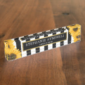 Porte-nom Pour Bureau Tournesol Noir Blancs Or Personnalisé (Taille)