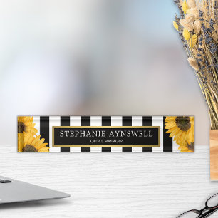 Porte-nom Pour Bureau Tournesol Noir Blancs Or Personnalisé