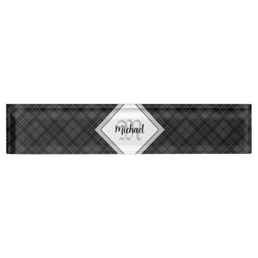 Porte-nom Pour Bureau Trendy noir blanc tartan Personnaliser Monogramme (Devant)