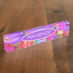 Porte-nom Pour Bureau Tulipe aquarelle florale rose