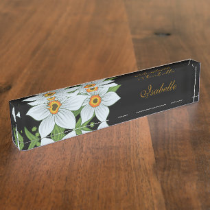 Porte-nom Pour Bureau Tulipes et jonquilles nom personnalisé noir