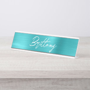 Porte-nom Pour Bureau Turquoise Blue Foil Moderne Brush Script Prénom