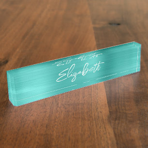 Porte-nom Pour Bureau Turquoise Foil Script de pinceau moderne