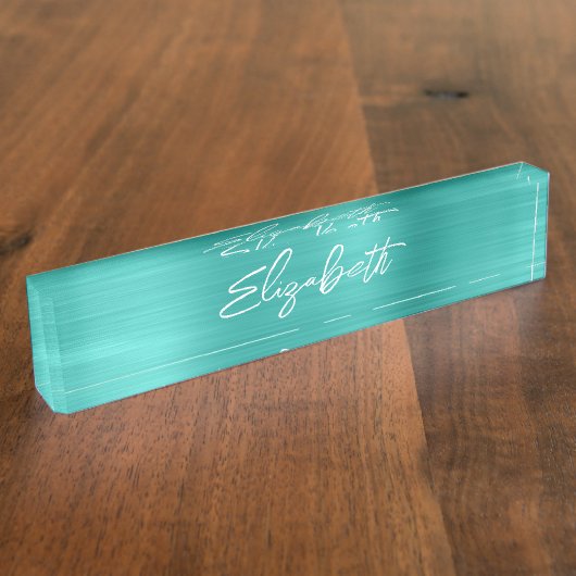 Porte-nom Pour Bureau Turquoise Foil Script de pinceau moderne (Taille)