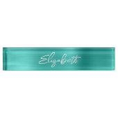 Porte-nom Pour Bureau Turquoise Foil Script de pinceau moderne (Devant)
