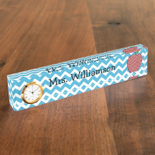 Porte-nom Pour Bureau Turquoise Zigzag Pomme Nom de l'enseignant (Taille)