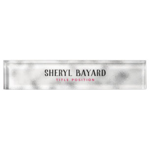 Porte-nom Pour Bureau Verre Gris Et Blanc Monogramme