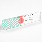 Porte-nom Pour Bureau Vert chic Chevron d'Aqua et monogramme fait sur
