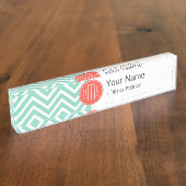 Porte-nom Pour Bureau Vert chic Chevron d'Aqua et monogramme fait sur (Taille)