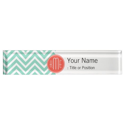 Porte-nom Pour Bureau Vert chic Chevron d'Aqua et monogramme fait sur (Devant)