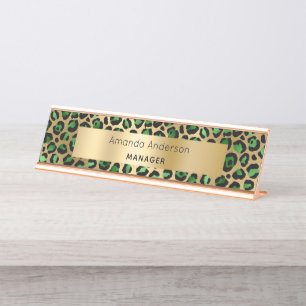 Porte-nom Pour Bureau Vert émeraude motif léopard or