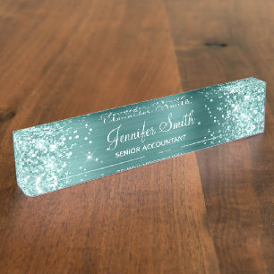 Porte-nom Pour Bureau Vert Mousse de Mer Pailleté Faux Aqua Teal Feuille