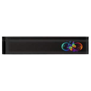 Porte-nom Pour Bureau Vibrant infinity with rainbow butterfly on black