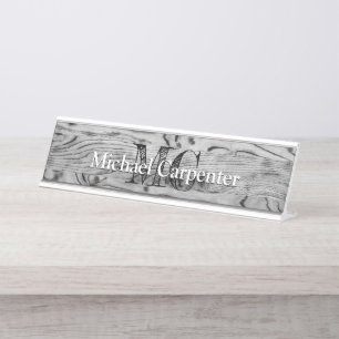 Porte-nom Pour Bureau Vintage rustique gris noir bois brûlé Monogramme