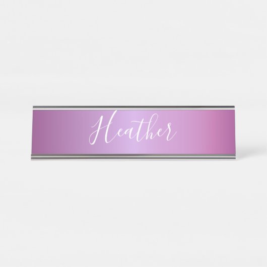 Porte-nom Pour Bureau Violet violet et script blanc personnalisé (Devant)