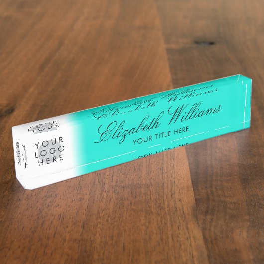 Porte-nom Pour Bureau Votre Logo Classy Élégant Script Turquoise Frais (Taille)