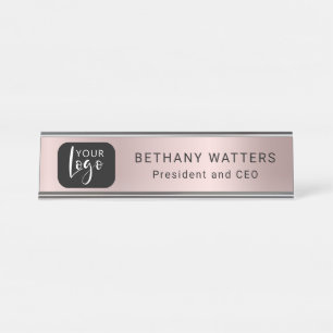 Porte-nom Pour Bureau Votre Logo Rose Gold Blush Metallic Chic Modern