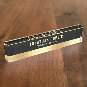 Porte-nom Pour Bureau Votre texte personnalisé Modèle élégant Noir et Or