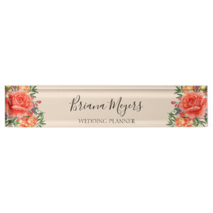 Porte-nom Pour Bureau Watercolor Girl Moderne Floral Orange Business