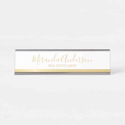 Porte-nom Pour Bureau White & Gold professionnel avec nom de script mode (Devant)