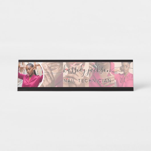 Porte-nom Pour Bureau White Modern Photo Collage Script Calligraphie Nom (Devant)