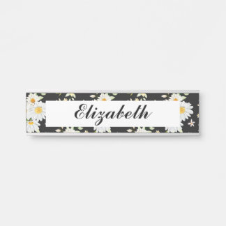 Porte-nom Pour Porte Élégant Monogramme noir et blanc Motif de margueri