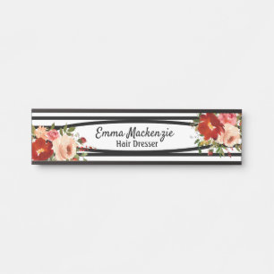 Porte-nom Pour Porte Panneau de porte de bureau Fleurs florales Noir et