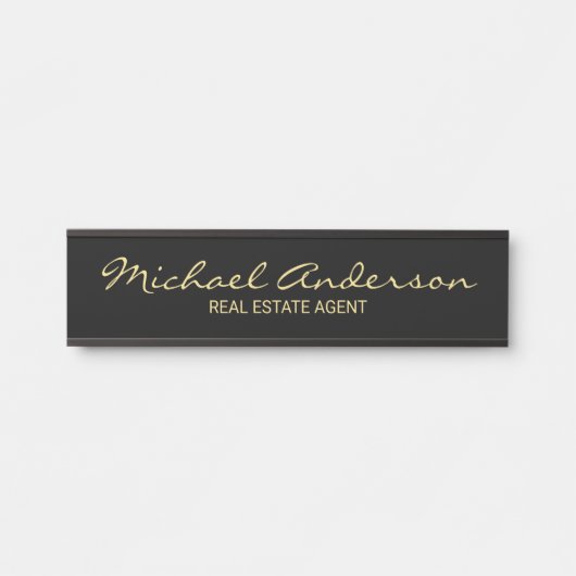 Porte-nom Pour Porte Script moderne professionnel noir et or (Devant)