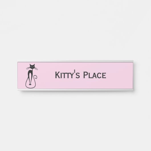 Porte-nom Pour Porte Whimsical Skinny Chat noir rose (Devant)