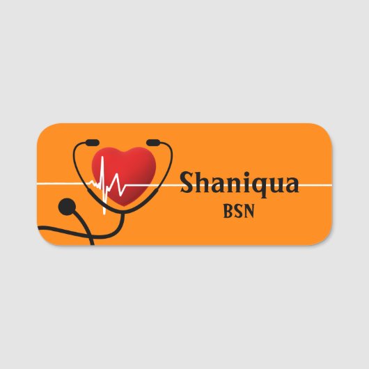 Porte-nom Red Heart EKG et Stethoscope Tangerine Médicale (Devant)