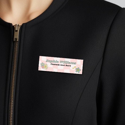 Porte-nom Rétro rose damier ondulé 