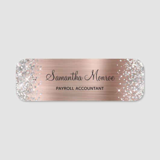 Porte-nom Rose Gold Pailleté Argent Nom Titre (Devant)