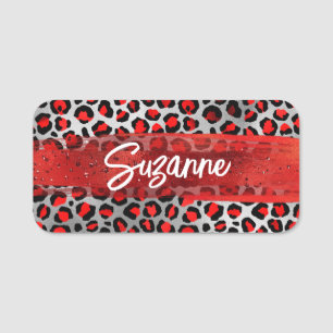 Porte-nom Rouge Argent et Noir Pinceaux de Léopard en Feuill