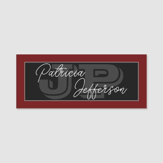 Porte-nom Rouge Foncé, Noir Et Blanc : Monogramme manuscrit (Devant)