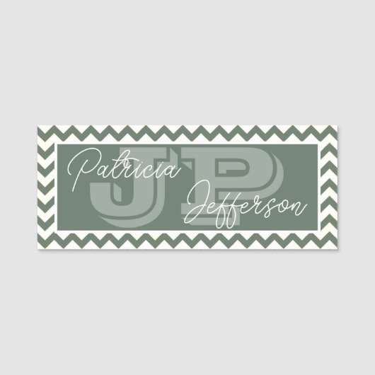 Porte-nom Sage Vert Mode Chevron Monogramme Unique (Devant)