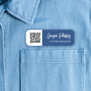 Porte-nom Script de brosse de code QR bleu et blanc
