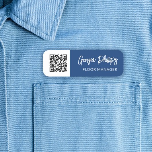 Porte-nom Script de brosse de code QR bleu et blanc