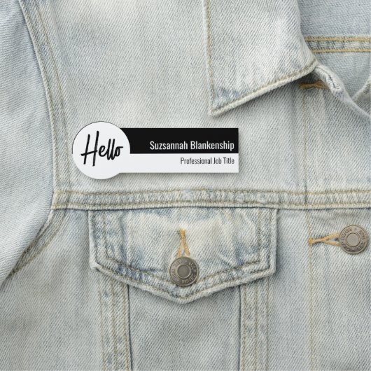 Porte-nom Script professionnel blanc et noir Hello (En situation)