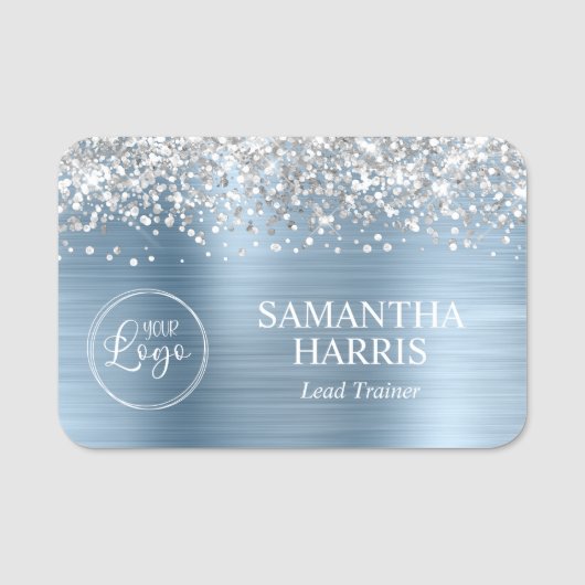 Porte-nom Silver Glitter Light Blue Foil Logo Title (Devant)