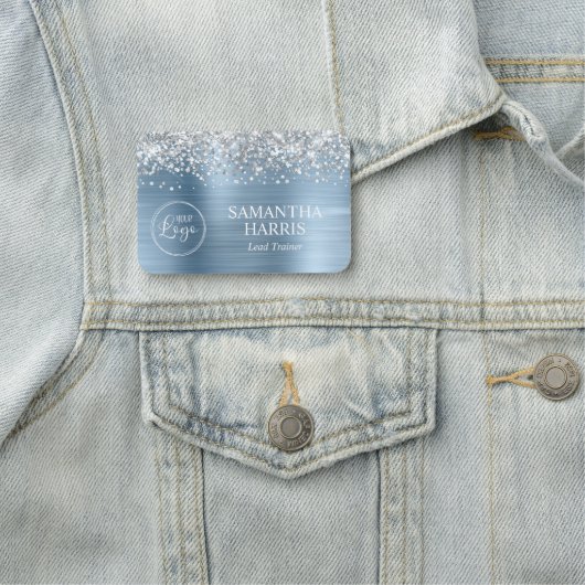 Porte-nom Silver Glitter Light Blue Foil Logo Title (En situation)