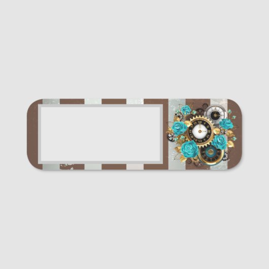 Porte-nom Steampunk Clock and Turquoise Roses on Striped (Devant)