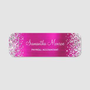 Porte-nom Titre de nom de paillettes d'argent rose chaud en