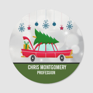 Porte-nom Voiture rouge rétro portant un arbre de Noël
