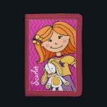 Portefeuille À 3 Volets Femme aux cheveux rouges chanceux lapin blanc rose<br><div class="desc">Encouragez l'épargne avec cette jolie illustration graphique d'une fille aux cheveux rouges en train d'accrocher un porte-monnaie ou un sac à main de lapin de jouet,  personnalisez avec le nom de votre fille. Lit actuellement Scarlet. Uniquement conçu par Sarah Trett.</div>