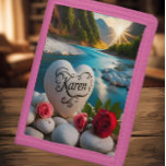 Portefeuille À 3 Volets Karen's Heart stone River Sunset<br><div class="desc">Une pierre blanche en forme de coeur portant le nom Karen inscrit sur elle se trouve sur des rochers de rivière près d'une rivière qui coule et d'un coucher de soleil.</div>