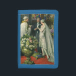 Portefeuille À 3 Volets Mariage vintage, Mariée et Salle avec Menorah<br><div class="desc">Illustration vintage image de cérémonie d'amour et de romance mariage montrant un couple se marier dans une belle synagogue avec vitraux,  fleurs et une menorah à sept branches. La mariée porte une longue robe blanche mariage et le marié est beau dans son smoking.</div>