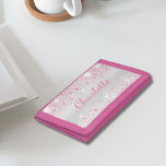 Portefeuille À 3 Volets Pink argent parties scintillant poussière monogram<br><div class="desc">Un arrière - plan métallique à l'aspect faux argent élégant. Décoré avec de la poussière de parties scintillant en faux rose. Personnalisez et ajoutez votre nom. Le nom est écrit avec un script de style écrit à la main.</div>