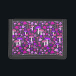Portefeuille À 3 Volets Trippy Mushrooms Retro Purple, Pink, & Black<br><div class="desc">This wallet is decorated with trippy,  psychedelic illustrated mushrooms and flowers in shades of hot pink and bold purple against a black background.</div>