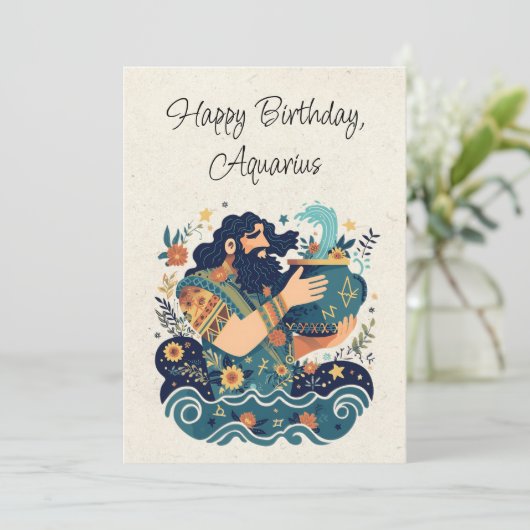 Porteur d'eau Aquarius Zodiac Carte plat d'anniver (Debout devant)