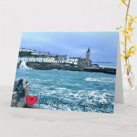 Porthleven Klokkentoren + Waiting for Fish sculptu Kaart (Gele Bloem)